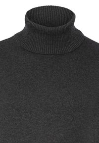 Pull à col roulé gris foncé en tricot doux et texturé. Présente un col côtelé et un corps lisse, adapté pour être porté en superposition ou seul.