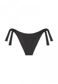 Parte inferior de bikini negra con textura acanalada, que cuenta con lazos ajustables a ambos lados y un diseño minimalista, adecuada para ropa de baño.