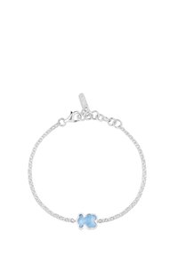 Bracciale con catena in argento con una gemma blu a forma di orso, con chiusura a moschettone e catena regolabile per personalizzare la lunghezza.