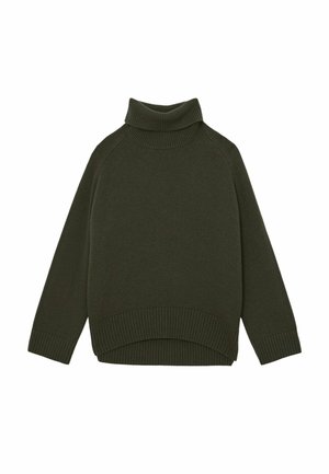 Grüner Strickrollkragenpullover mit gerippten Bündchen und Saum, lockere Passform, mit glatter Textur und einfachem Design.