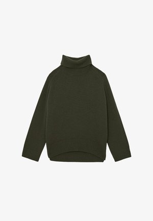 Grüner Strickrollkragenpullover mit gerippten Bündchen und Saum, lockere Passform, mit glatter Textur und einfachem Design.