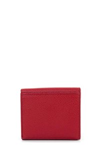 Red leather cardholder with a textured surface, rectangular shape, and stitched edges. Features multiple card slots on one side.