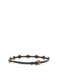 Zwarte leren riem met gouden hardware, ronde accenten en een decoratieve gesp. De riem heeft een gelaagd ontwerp en is verstelbaar in lengte.