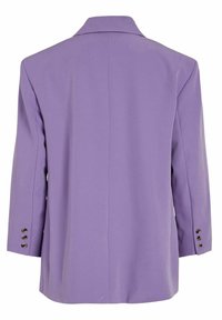 Blazer violet avec col classique, manches longues et poignets à boutons. Coupe ajustée, texture lisse et sans motifs visibles.