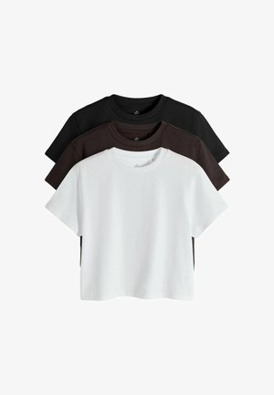 Three plain short-sleeve crew neck t-shirts stacked, in white, dark brown, and black colors on a white background.