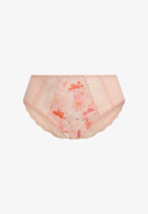 Roze bloemenpatroon slip met een gladde satijnen voorkant en kanten accenten aan de zijkanten en achterkant, voorzien van een golvende randafwerking.