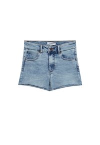 Short en jean de couleur bleu clair, avec une taille haute, quatre poches et un ourlet brut. Fabriqué en coton avec une texture lisse.
