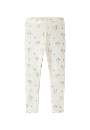 Leggings couleur crème avec un petit imprimé floral beige, taille élastique, coupe slim, conçus pour les bébés ou tout-petits.