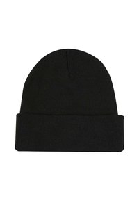Juodas megztas beanie tipo šalikas su sulenkta apatine dalimi, turintis struktūrinį briaunotą dizainą ir apvalų viršų, pagamintas iš elastingos medžiagos.