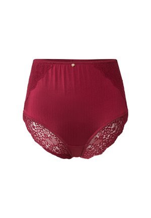  Hooggeknipte bordeauxrode onderbroek van ribstof, met kanten zijkanten en een kleine decoratieve gouden accent op de tailleband.
