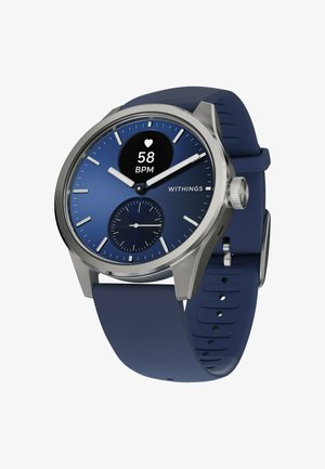 Blaue Uhr mit Gehäuse aus Edelstahl, rundem Zifferblatt, analogen Zeigern, Herzfrequenzanzeige und Silikonarmband. Auffälliger Nebenzeiger für Sekunden.