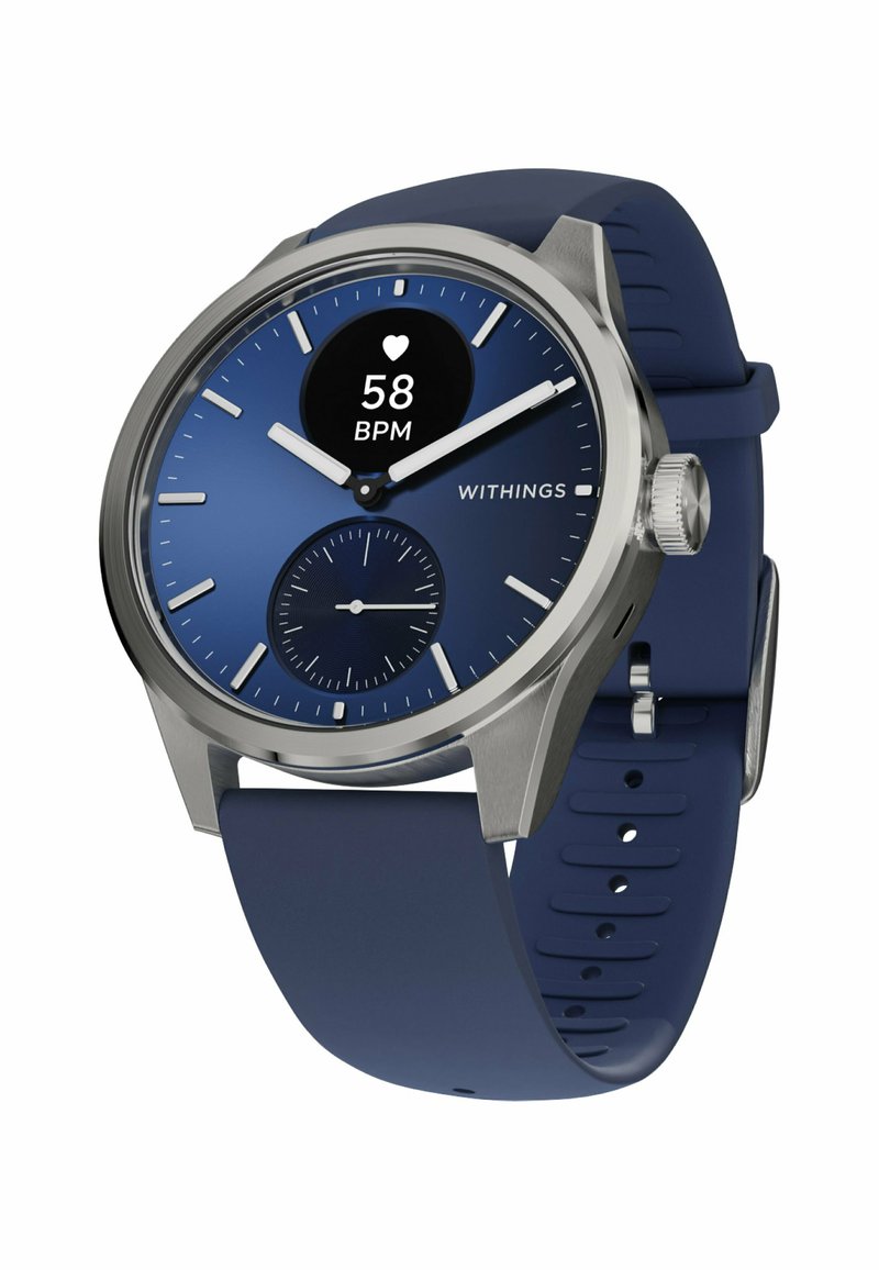 Blaue Uhr mit Gehäuse aus Edelstahl, rundem Zifferblatt, analogen Zeigern, Herzfrequenzanzeige und Silikonarmband. Auffälliger Nebenzeiger für Sekunden.