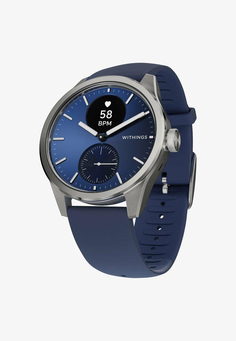 Blaue Uhr mit Gehäuse aus Edelstahl, rundem Zifferblatt, analogen Zeigern, Herzfrequenzanzeige und Silikonarmband. Auffälliger Nebenzeiger für Sekunden.