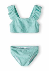 Un bikini a due pezzi di colore blu acquamarina, con un motivo a foglia testurizzato, spalline arricciate sulla parte superiore e un fondo abbinato.