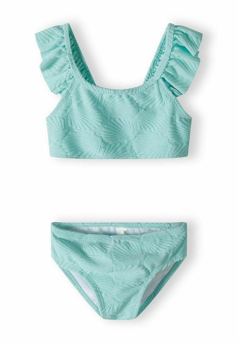 Un bikini a due pezzi di colore blu acquamarina, con un motivo a foglia testurizzato, spalline arricciate sulla parte superiore e un fondo abbinato.