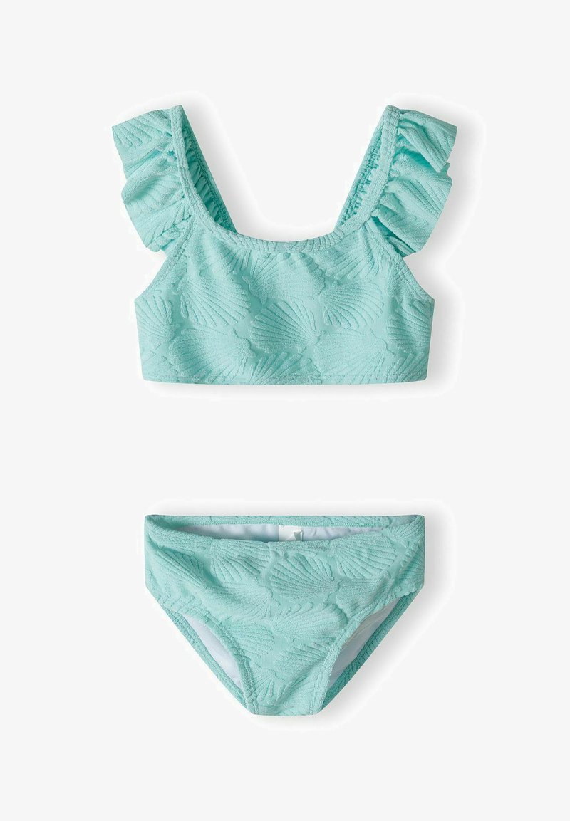 Kaksiosainen uimapuku akvamariinin sinisessä sävyssä, jossa on teksturoitu lehtikuosi, röyhelöstrapit yläosassa ja yhteensopivat alaosa.