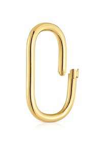 Ganchito de metal dorado en forma ovalada alargada, con una superficie lisa y brillante y una pequeña sección abierta en un extremo.
