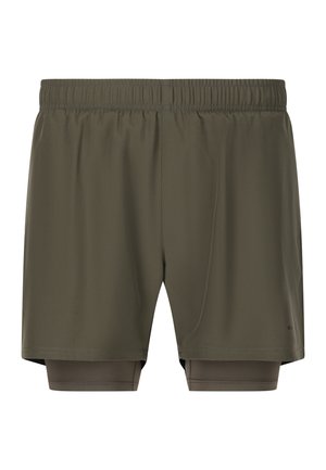 Herren Sportshorts in dunkelolivgrün, aus leichtem Stoff, mit elastischem Bund und innem, enganliegendem Futter für zusätzlichen Halt.