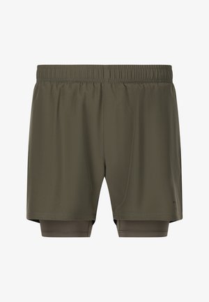 Herren Sportshorts in dunkelolivgrün, aus leichtem Stoff, mit elastischem Bund und innem, enganliegendem Futter für zusätzlichen Halt.