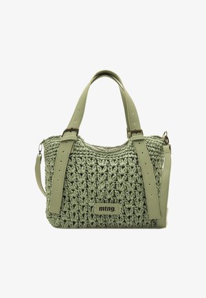 Borsa a mano all'uncinetto di colore verde chiaro con tracolle regolabili per spalla e mano, dotata di chiusura con zip e un'etichetta con il logo "mtng." ben visibile.