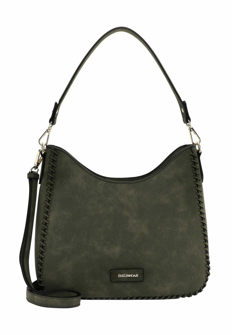 Sac à épaule en simili cuir vert avec une forme courbée, des coutures le long des côtés et une bandoulière amovible pour plus de polyvalence.