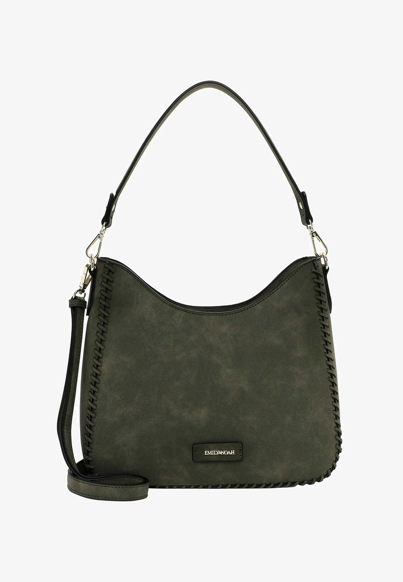 Sac à épaule en simili cuir vert avec une forme courbée, des coutures le long des côtés et une bandoulière amovible pour plus de polyvalence.