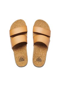 Rudos slip-on šlepetės su dviem plačiomis juostomis, kamštinio pado ir tekstūruotais padu. Yra logotipas ant vidpadžio.