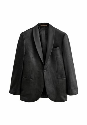 Schwarzer karierten Blazer mit einem Satin-Schalkragen, Ein-Knopf-Verschluss, zwei Vorderseiten-Taschen und einem strukturierten Stoff. Taillierte Passform.