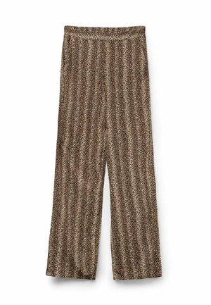 Pantalones de pierna ancha, confeccionados en una tela suave, con un patrón moteado en marrón y crema, adornado con rayas verticales. Cintura elástica para mayor comodidad.