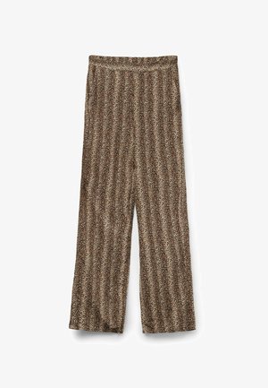 Pantalones de pierna ancha, confeccionados en una tela suave, con un patrón moteado en marrón y crema, adornado con rayas verticales. Cintura elástica para mayor comodidad.