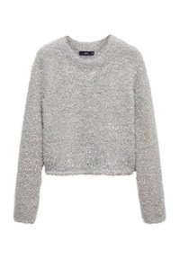 Pull en coton léger gris clair, moelleux, à manches longues, avec un col rond et une coupe courte. Fabriqué à partir d'un matériau doux et texturé avec un léger éclat.