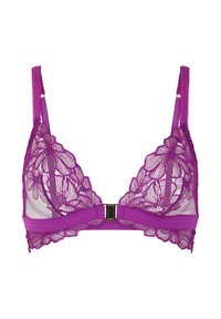 Bralette en dentelle violet avec broderie florale, bretelles réglables et fermoir en métal doré au centre devant. Détails en maille.
