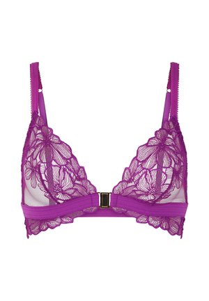 Bralette en dentelle violet avec broderie florale, bretelles réglables et fermoir en métal doré au centre devant. Détails en maille.