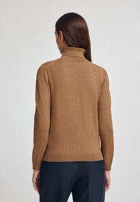 Brązowy golf z miękkiego materiału, dopasowany fason, długie rękawy i prążkowane wykończenia. Nosi się go z granatowymi spodniami, prezentując widok z tyłu.