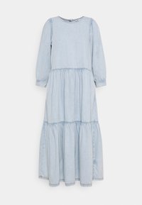 Vaaleansininen farkkumaxi-mekko, jossa on pitkät hihat, kootut vyötärönkohdan ja kerroksellinen hame. Ominaisuuksiin kuuluu pyöreä pääntie ja käännetyt hihat.