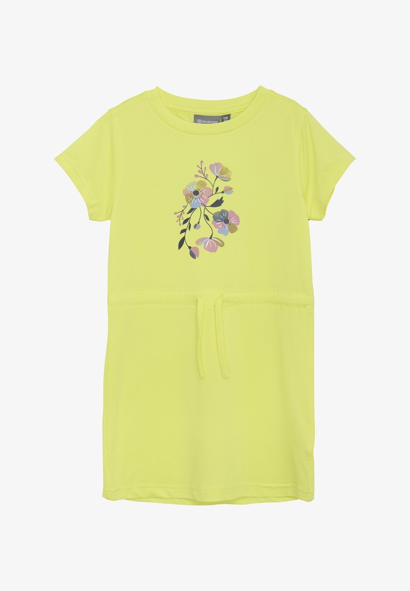 Rochie galbenă cu mâneci scurte, curea la talie și imprimeu floral în roz, albastru și verde pe față. Fabricată dintr-un material moale și elastic.