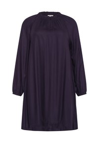 Purple long-sleeve dress made of soft fabric, featuring a gathered neckline, button closure, and elastic cuffs. Loose fit and knee-length design.