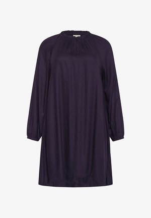 Lila långärmad klänning i mjukt tyg, med en draperad halsringning, knäppning med knappar och elastiska manschetter. Löst sittande och knälång design.