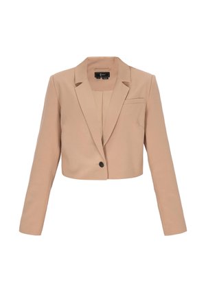 Beiger, kurz geschnittener Blazer mit langen Ärmeln, schwarzem Einzelknopfverschluss, eingekerbtem Revers und einer Brustpaspeltasche.