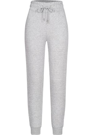 Šedé flísové tepláky s elastickým pásom, zatváraním na šnúrku a ribbenými manžetami na nohách. Hladká textúra, zoštíhlený strih.