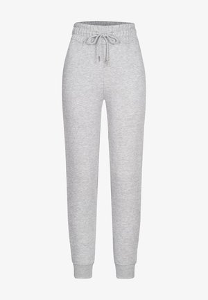 Šedé flísové tepláky s elastickým pásom, zatváraním na šnúrku a ribbenými manžetami na nohách. Hladká textúra, zoštíhlený strih.