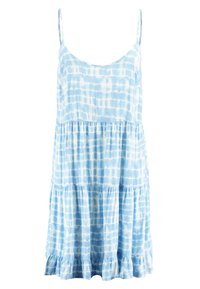 Blaue Tie-Dye ärmellose Kleid mit lockerer Passform, ausgestattet mit gestuften Rüschen am Saum und einer weichen, leichten Stofftextur.