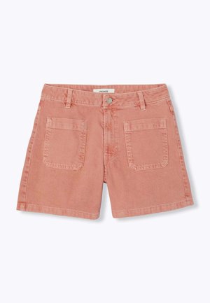 Short en denim rose avec bouton et fermeture éclair à l’avant, passants de ceinture et deux grandes poches carrées à l’avant.
