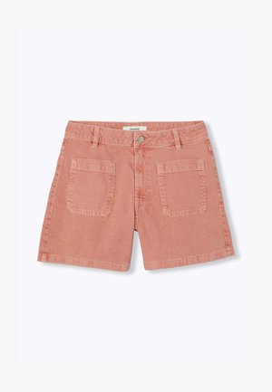 Short en denim rose avec bouton et fermeture éclair à l’avant, passants de ceinture et deux grandes poches carrées à l’avant.