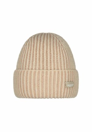 Knitted beanie in light beige, featuring vertical ribbing and a folded cuff. Small branded tag on the front adds detail.