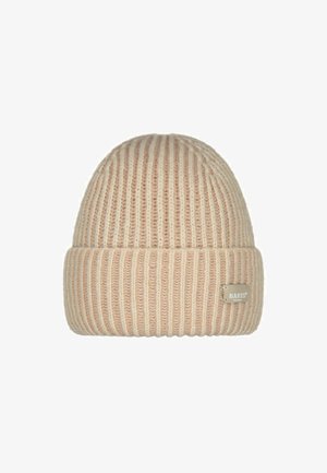 Knitted beanie in light beige, featuring vertical ribbing and a folded cuff. Small branded tag on the front adds detail.