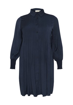 Navyblaues Hemdblusenkleid mit langen Ärmeln, plissiertem Design und elastischen Bündchen. Hergestellt aus weichem Stoff, verfügt es über einen klassischen Kragen.