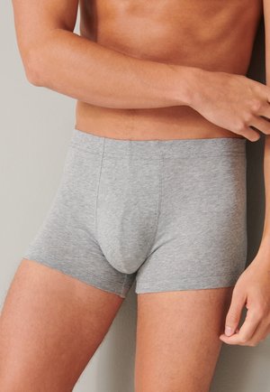 Graue Baumwoll-Boxerbriefs mit engem Sitz, ausgestattet mit einem Vorderbereich und genähten Nähten, getragen von einem männlichen Modell vor einem neutralen Hintergrund.