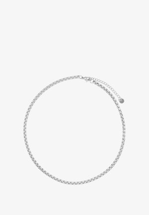 Srebrny naszyjnik-choker z gładkim, splatanym wzorem. Regulowane zapięcie z przedłużką i małym okrągłym akcentem.