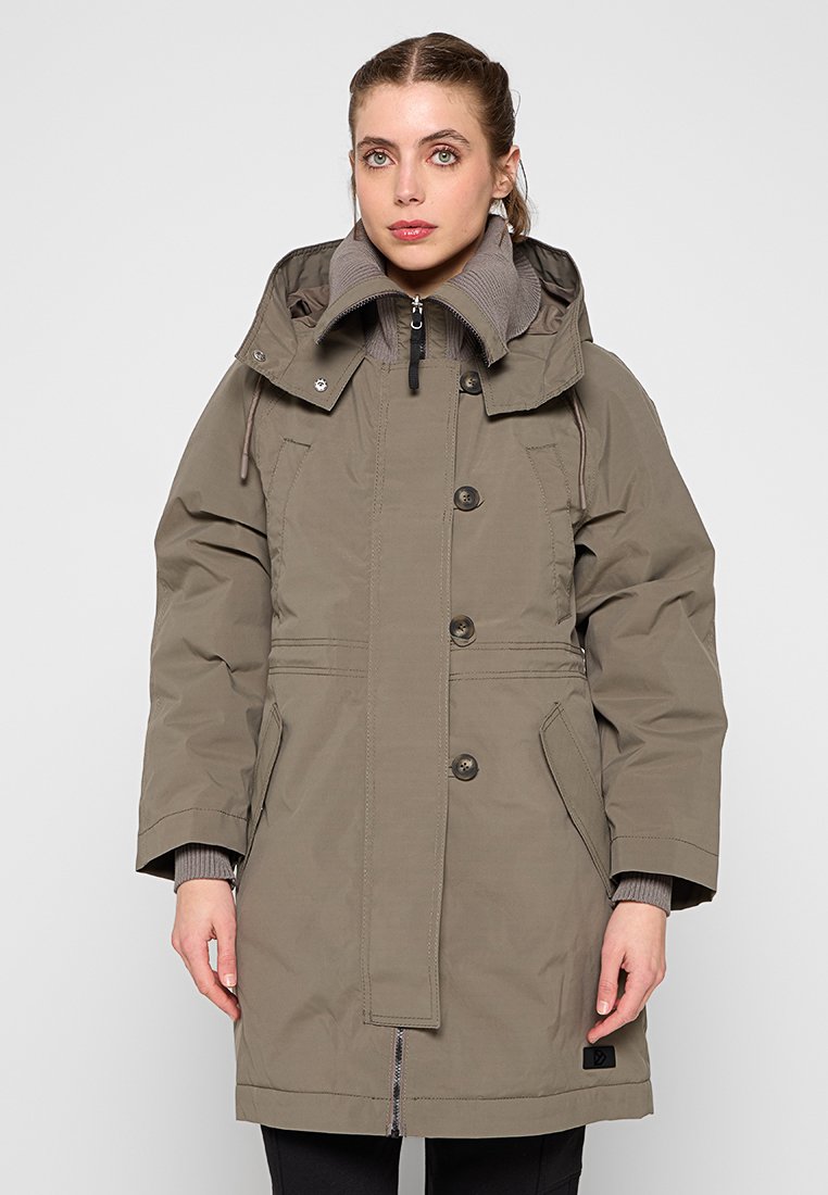 Khaki Parka mit Kapuze mit Kordelzug, Knopf- und Reißverschluss, seitlichen Taschen und strukturiertem grauem Innenfutter für zusätzlichen Wärme.